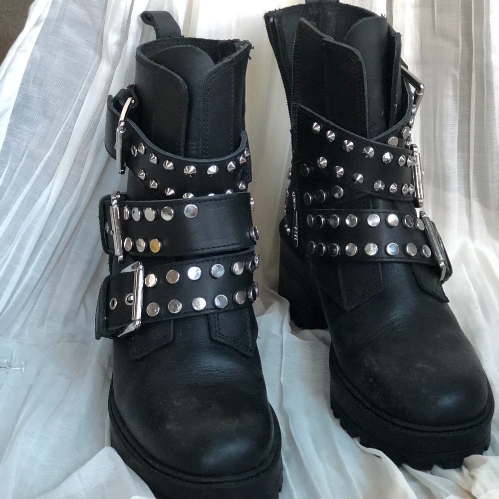black metallic combat boots